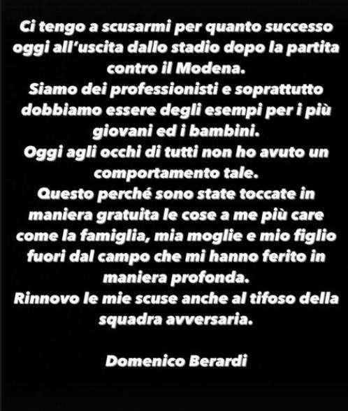 Berardi, le scuse dopo la furia: "Non sono stato d'esempio. Ma mia moglie e mio figlio non devono essere cercati". Ma intanto la FIGC apre un'inchiesta