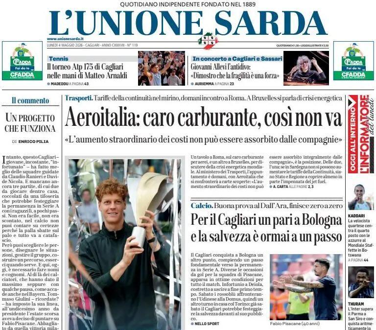 Buona prova al Dall'Ara. L'Unione Sarda: "Per il Cagliari un pari a Bologna e la salvezza è ormai a un passo"