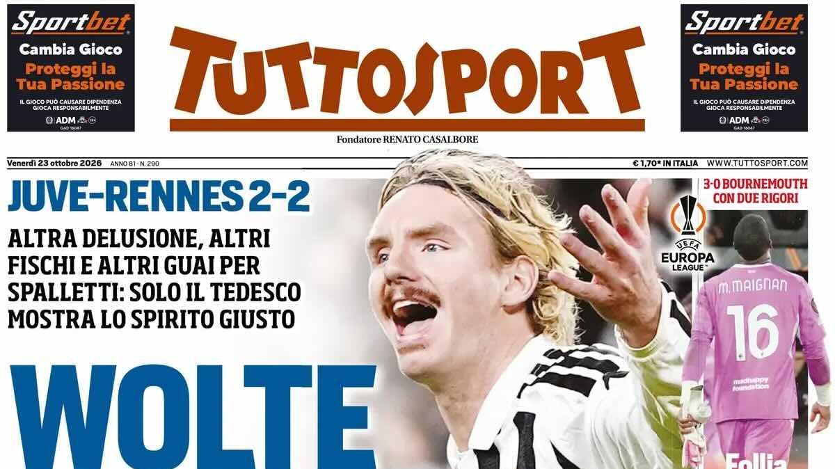 Juve-Rennes 2-2, altra delusione. Apertura Tuttosport: "Wolte e basta"