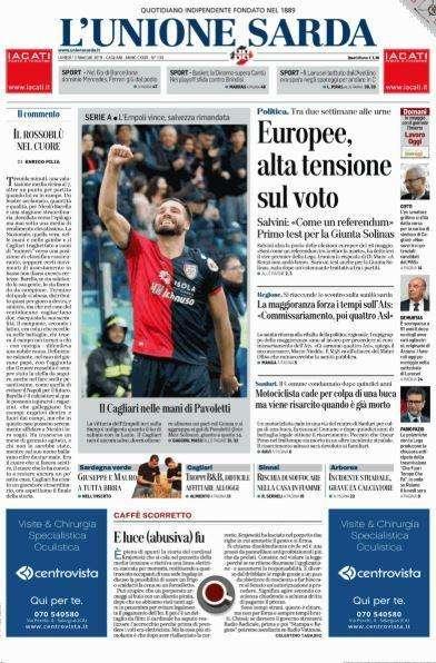 L'Unione Sarda: "Il Cagliari nelle mani di Pavoletti" 