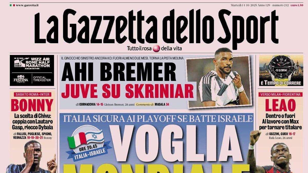 Italia sicura ai playoff se batte Israele. L'apertura della Gazzetta: "Voglia Mondiale"