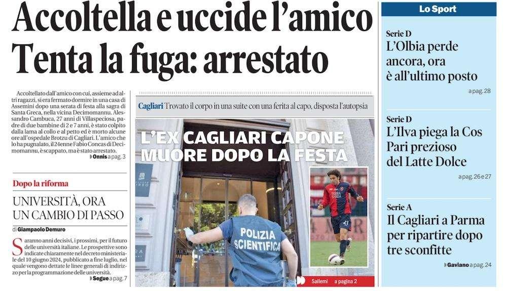 La Nuova Sardegna - Muore in albergo dopo una festa, autopsia sul corpo di Andrea Capone