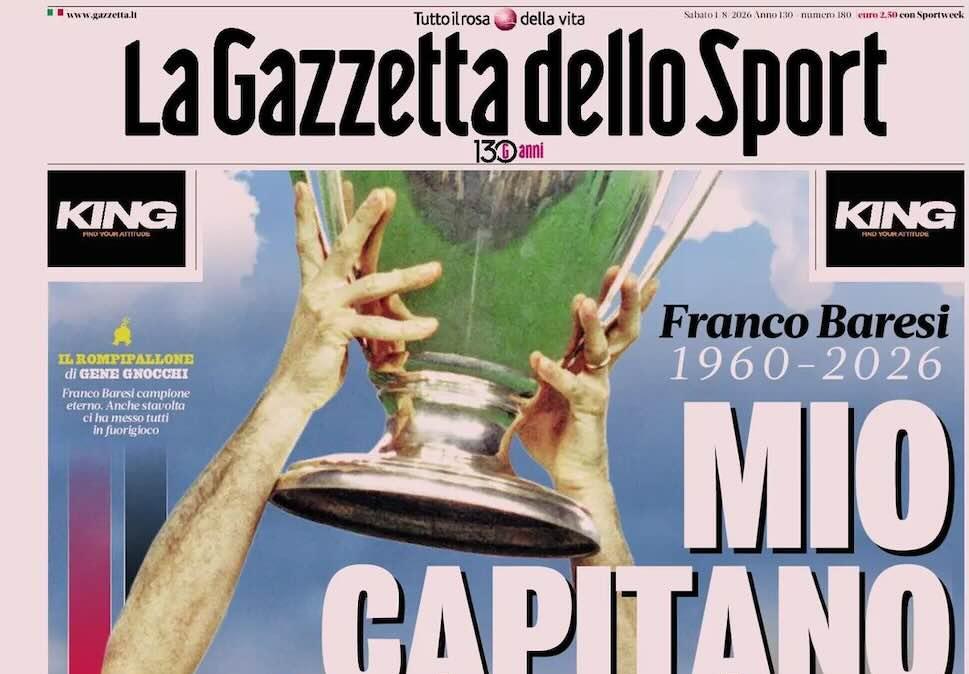 Baresi, 1960-2026, apertura Gazzetta: "Mio Capitano"