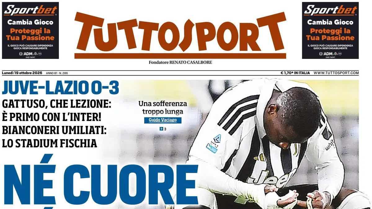 Bianconeri umiliati, apertura Tuttosport;: "Né cuore, né rispetto"