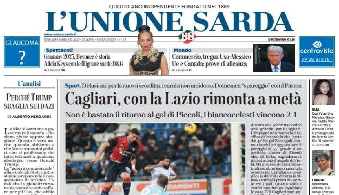 L'Unione Sarda - Cagliari, con la Lazio rimonta a metà