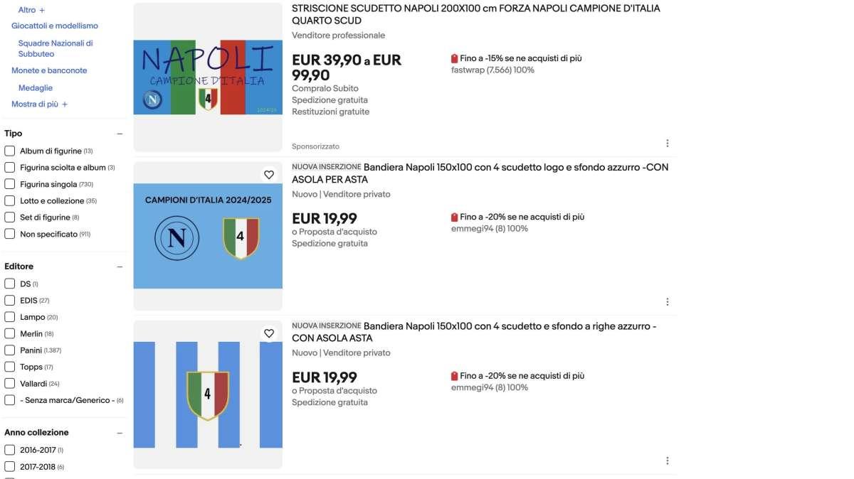 Sportmediaset - Napoli, niente scaramanzia: già in vendita online (senza autorizzazione) bandiere e sciarpe col quarto scudetto