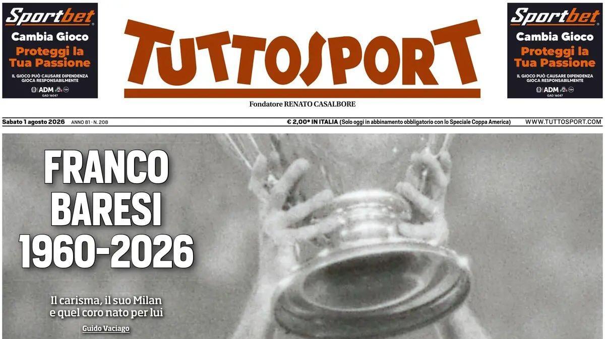 La scomparsa di Franco Baresi, apertura Tuttosport: "Un Capitano