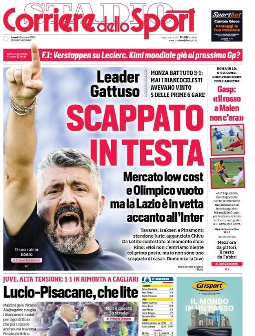 La Lazio in vetta, la Juve rallenta. Apertura Corsport: "Leader Gattuso, scappato in testa. Lucio-Pisacane, che lite"