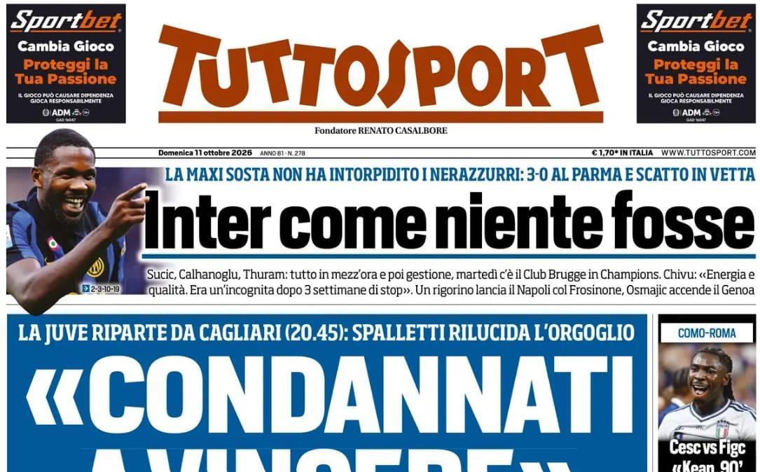 La Juve riparte di Cagliari. Apertura Corsport: "«Condannati a vincere»"