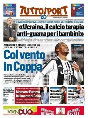 Juve alla 3^ vittoria di fila. Tuttosport: "Col vento in Coppa"