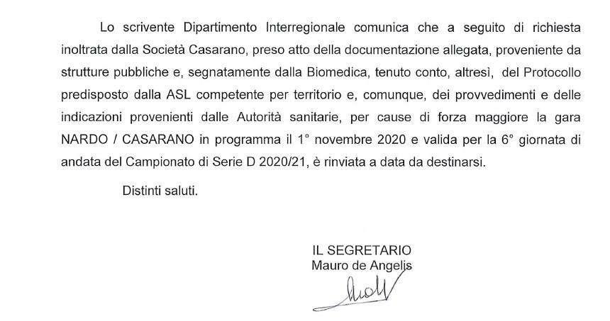 UFFICIALE - Serie D, Nardò-Casarano rinviata a data da destinarsi