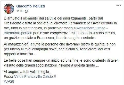 V. Francavilla, Poluzzi ringrazia e saluta: "Vi auguro tutto il meglio"