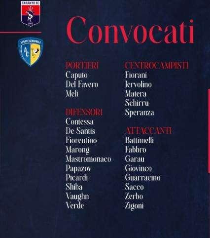 Taranto, i convocati di Cazzarò per la sfida di questa sera con l'Audace Cerignola