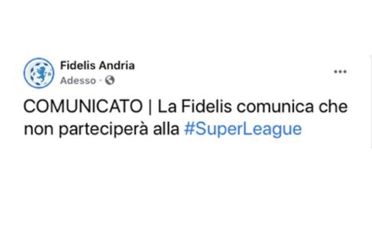 Il post ironico della Fidelis Andria: "Non parteciperemo alla SuperLeague"