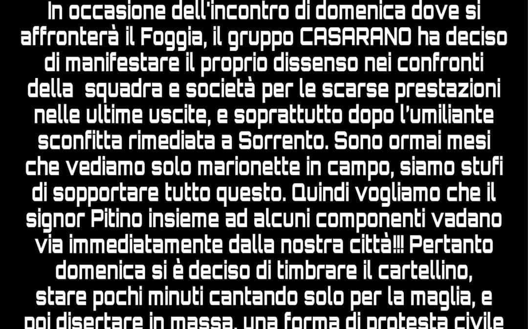 Casarano, i tifosi criticano squadra e società: “Via Pitino da questa città”