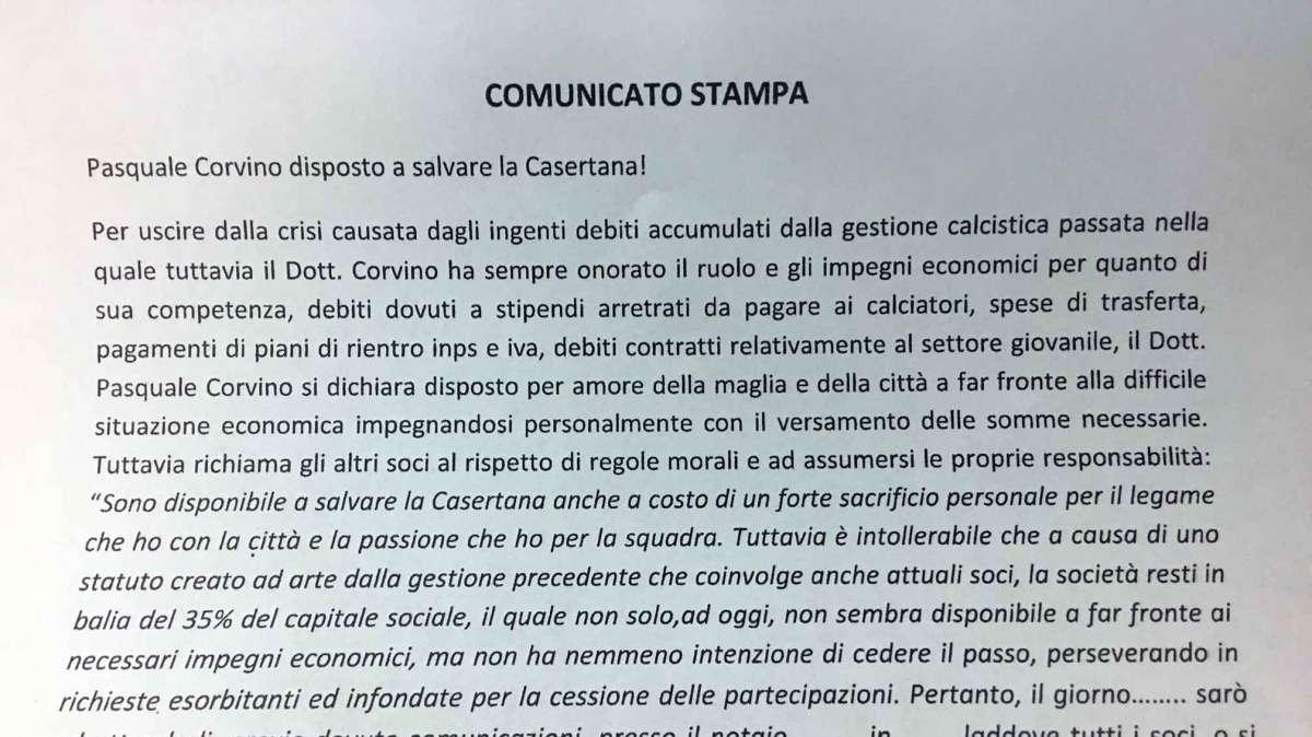 Il presidente Corvino è disposto a salvare la Casertana. Ecco il comunicato 