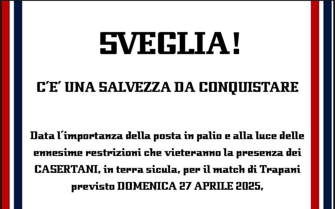 CASERTANA VERSO TRAPANI. C'è una salvezza da conquistare: gli ultras chiamano a raccolta tutti i tifosi rossoblù