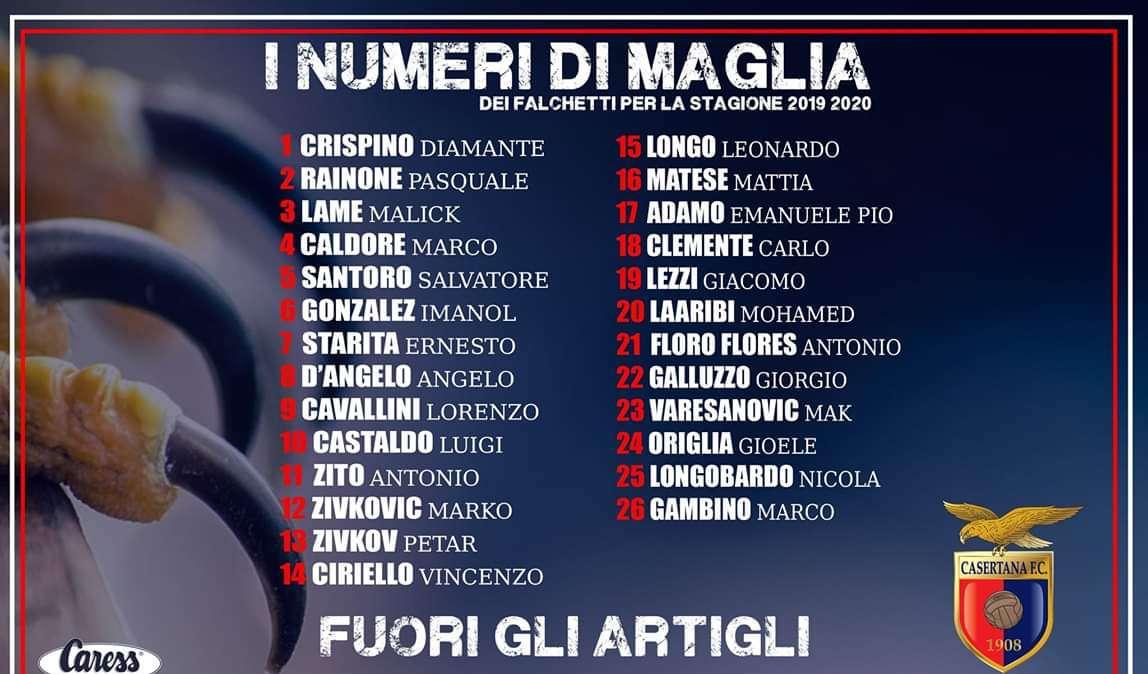 Casertana, comunicati i numeri di maglia: Zito passa all'undici