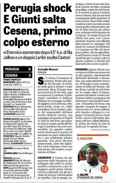 La Gazzetta dello Sport - "Perugia shock e Giunti salta. Cesena, primo colpo esterno"