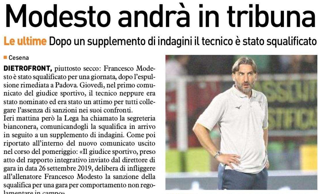 Il Resto del Carlino: "Modesto andrà in tribuna"