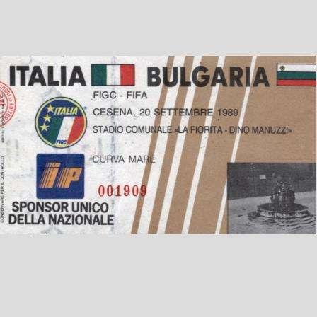 Il biglietto di Italia-Bulgaria giocata a Cesena il 20 settembre 1989