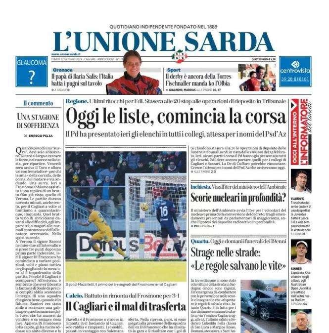L'Unione Sarda apre la prima pagina sul ko di Frosinone: "Il Cagliari e il mal di trasferta"