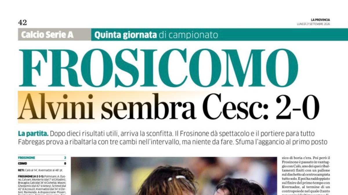 La Provincia di Como analizza il ko con il Frosinone: l'elogio ad Alvini e l'analisi del match