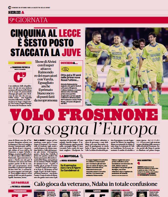 Rassegna stampa: Gazzetta, Corriere e Tuttosport celebrano il Frosinone dei record