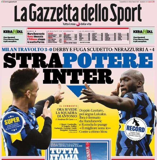L'apertura de La Gazzetta dello Sport:  "Strapotere Inter"