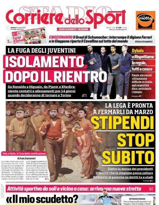 Corriere dello Sport in apertura: "Stipendi stop subito"