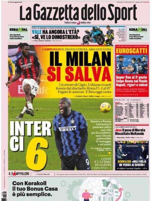 L'apertura de La Gazzetta dello Sport: "Il Milan si salva, Inter ci 6"