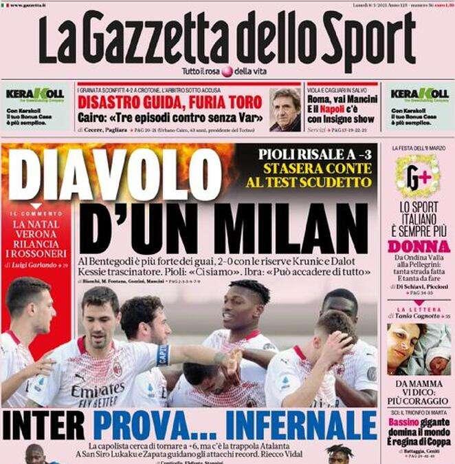 L'apertura de La Gazzetta dello Sport: "Diavolo d'un Milan. Inter, prova... infernale"