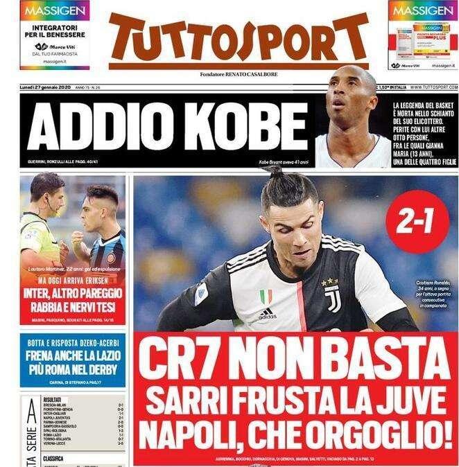 Tuttosport - CR7 non basta. Sarri frusta la Juve. Napoli, che orgoglio!