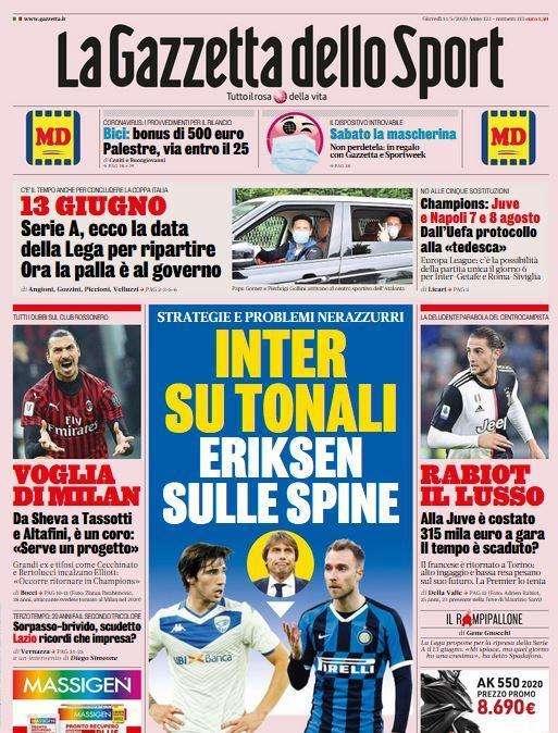 Gazzetta - Inter su Tonali, Eriksen sulle spine 