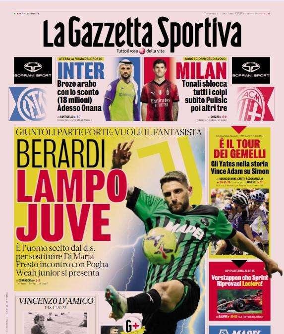 Gazzetta - Berardi, lampo Juventus 