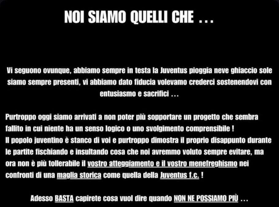 Gli ultras Juve annunciano contestazione contro squadra e società: "Popolo juventino stanco di voi, intollerabile menefreghisimo nei confronti di una maglia storica"