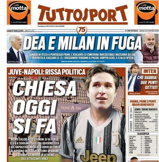 Tuttosport - Juve-Napoli: rissa Politica. Chiesa, oggi si fa
