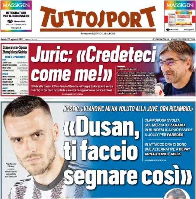 Tuttosport - Dusan, ti faccio segnare così. Allarme Bonucci 