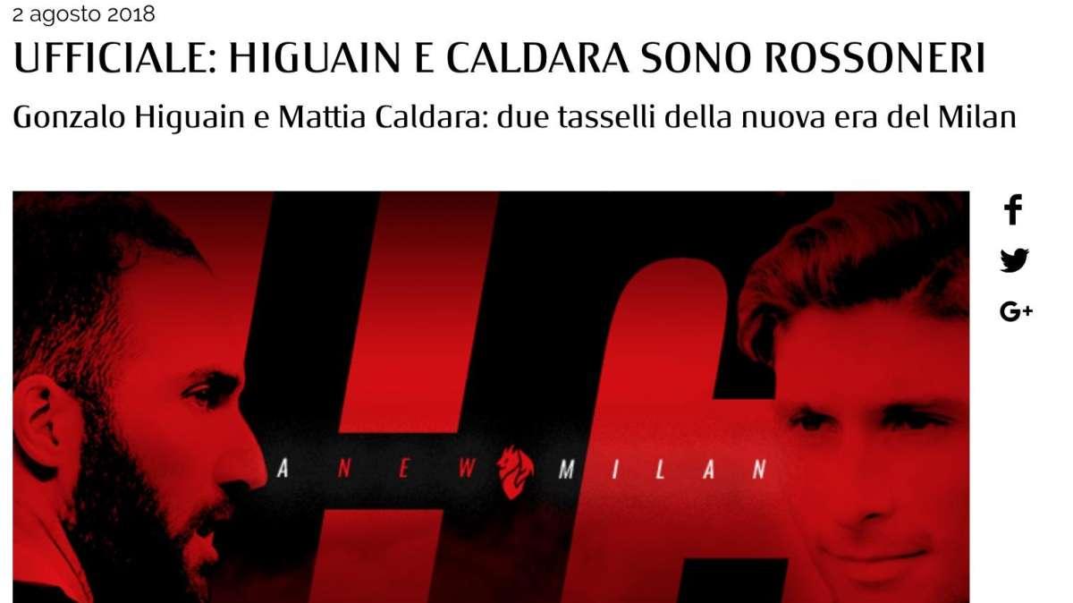 UFFICIALE - Comunicato Milan: Higuain e Caldara al Milan. Bonucci torna alla Juventus. Domani la presentazione dei nuovi acquisti rossoneri