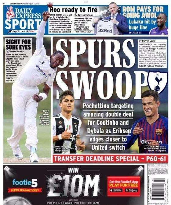 Daily Express - Il Tottenham pensa al doppio colpo Coutinho-Dybala. Eriksen verso lo United