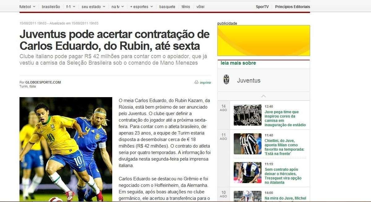 Globo Esporte - Juve, offerta a sorpresa: 18 milioni per Carlos Eduardo