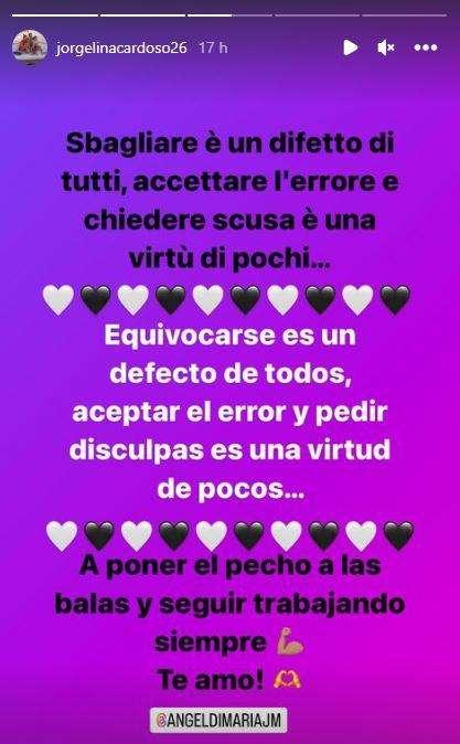 Jorgelina Cardoso difende il marito Angel Di Maria: "Sbagliare è un difetto di tutti, chiedere scusa è una virtù di pochi"
