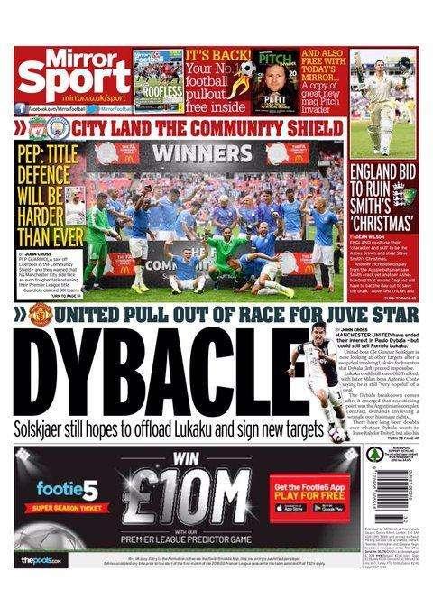 Il Daily Mirror apre con l'affare Dybala: "Dybacle"