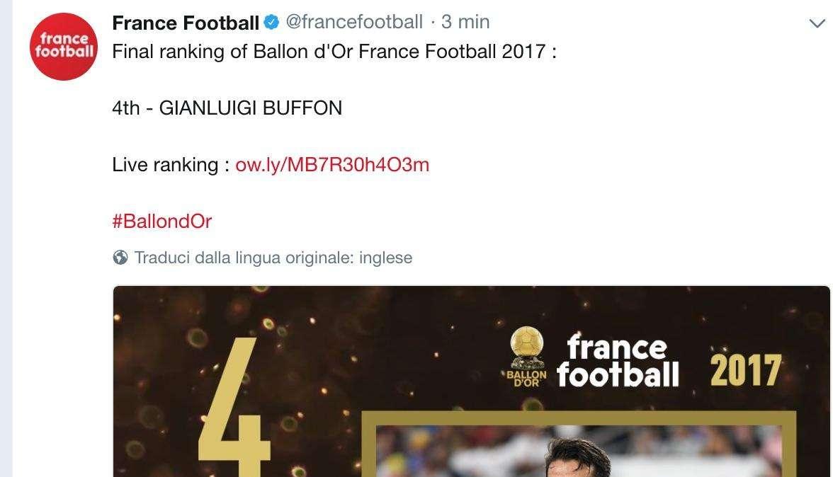 LIVE TJ - Pallone d'Oro - Buffon si piazza 4°. Dybala 15°. L'ex Bonucci 21°. Vince Ronaldo