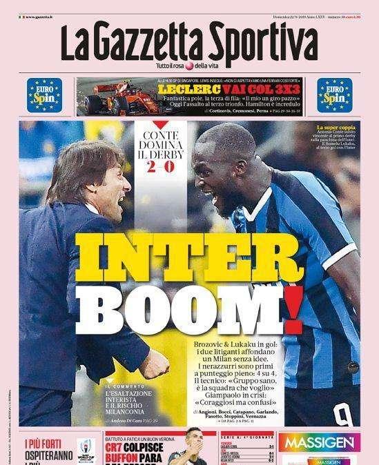 Gazzetta -Inter boom, Juve a fatica 