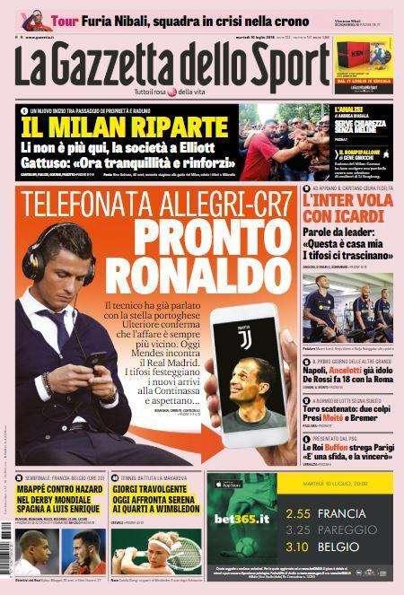 La Gazzetta dello Sport e la chiamata Allegri-CR7: "Pronto Ronaldo"