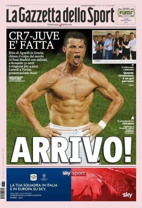 Gazzetta pensa solo a CR7 in prima pagina: "Arrivo!"