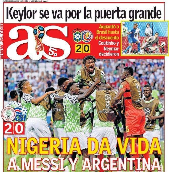As titola in prima pagina: "La Nigeria regala speranza a Messi"