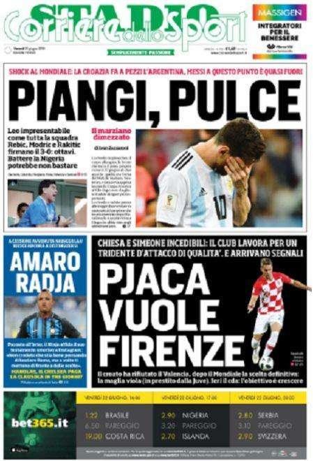 L'apertura del Corriere dello Sport: "Piangi Pulce"