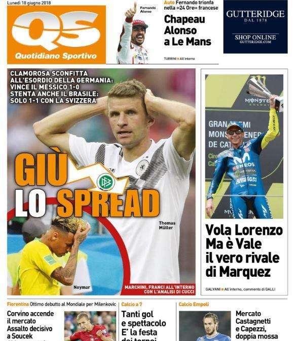Il Quotidiano Sportivo e il ko della Germania: "Giù lo spread"